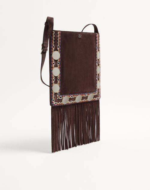 Valentino Garavani - Valentino Garavani Nellcôte Suede Shoulder Bag With Fringes - Multicolour/testa Di Moro - Man - Shoulder Bags
