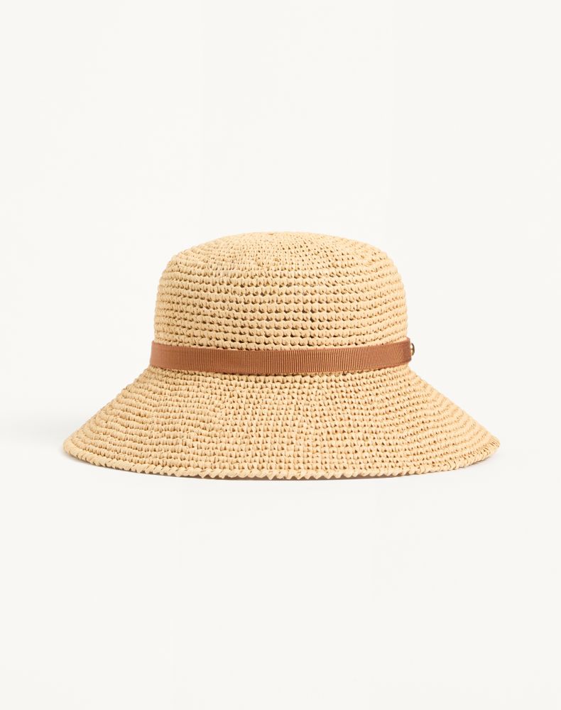 Valentino Garavani Women's Natural/Saddle Brown Vlogo Signature Foldable Straw Bucket Hat Woman 58