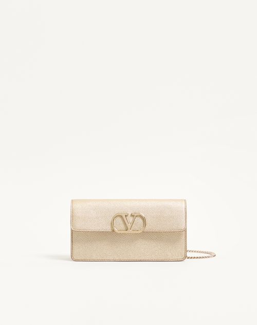 Valentino Garavani - Vlogo Signature Laminated Grainy Calfskin Wallet With Chain - Platinum - Woman - Wallets And Small Leather Goods