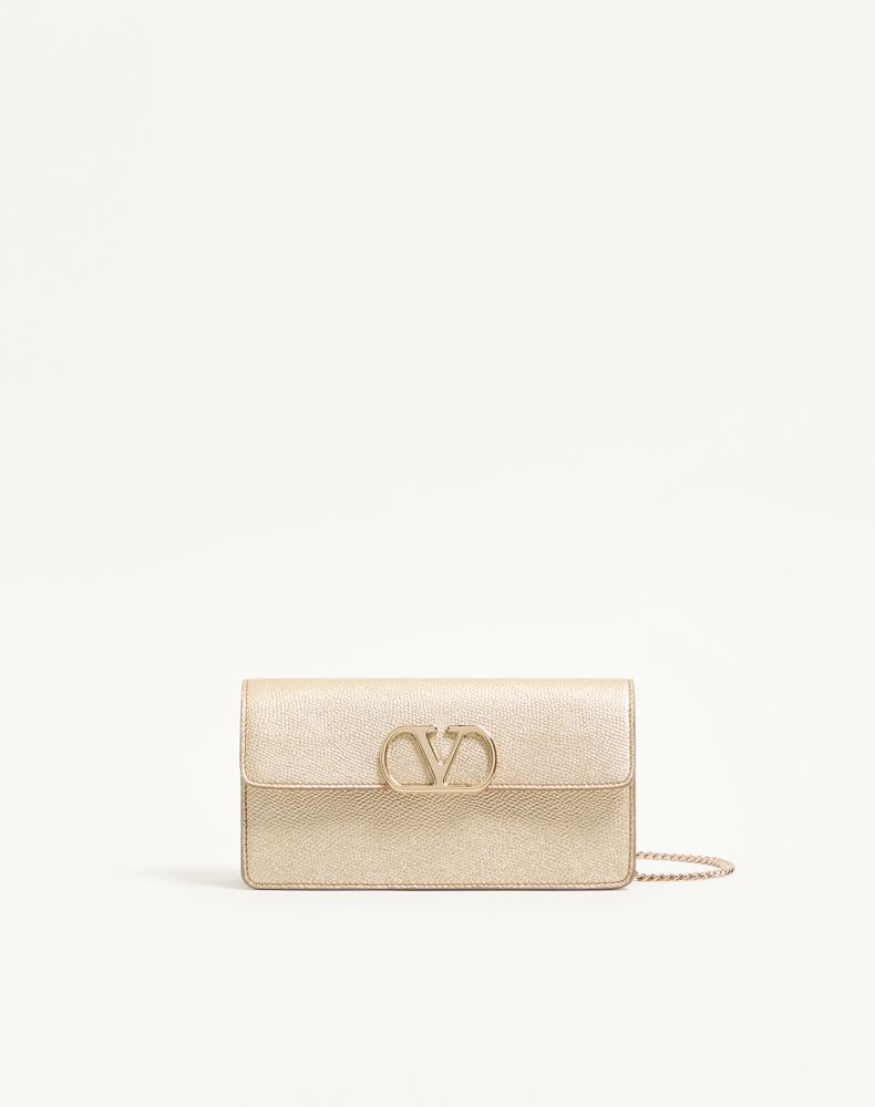 Valentino Garavani Women's Platinum Vlogo Signature Laminated Grainy Calfskin Wallet With Chain Woman Uni
