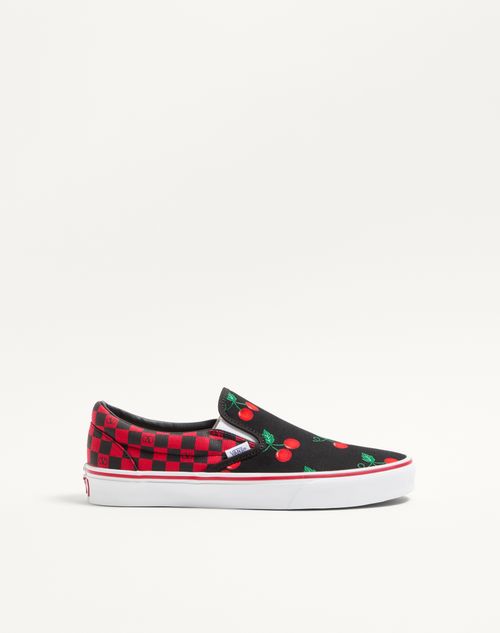 Valentino Garavani Valentino Garavani And Vans Slip-on Sneaker In Fabric With Maxi Cherryfic Print And Vlogo Checkerboard Print Man Black/red 45