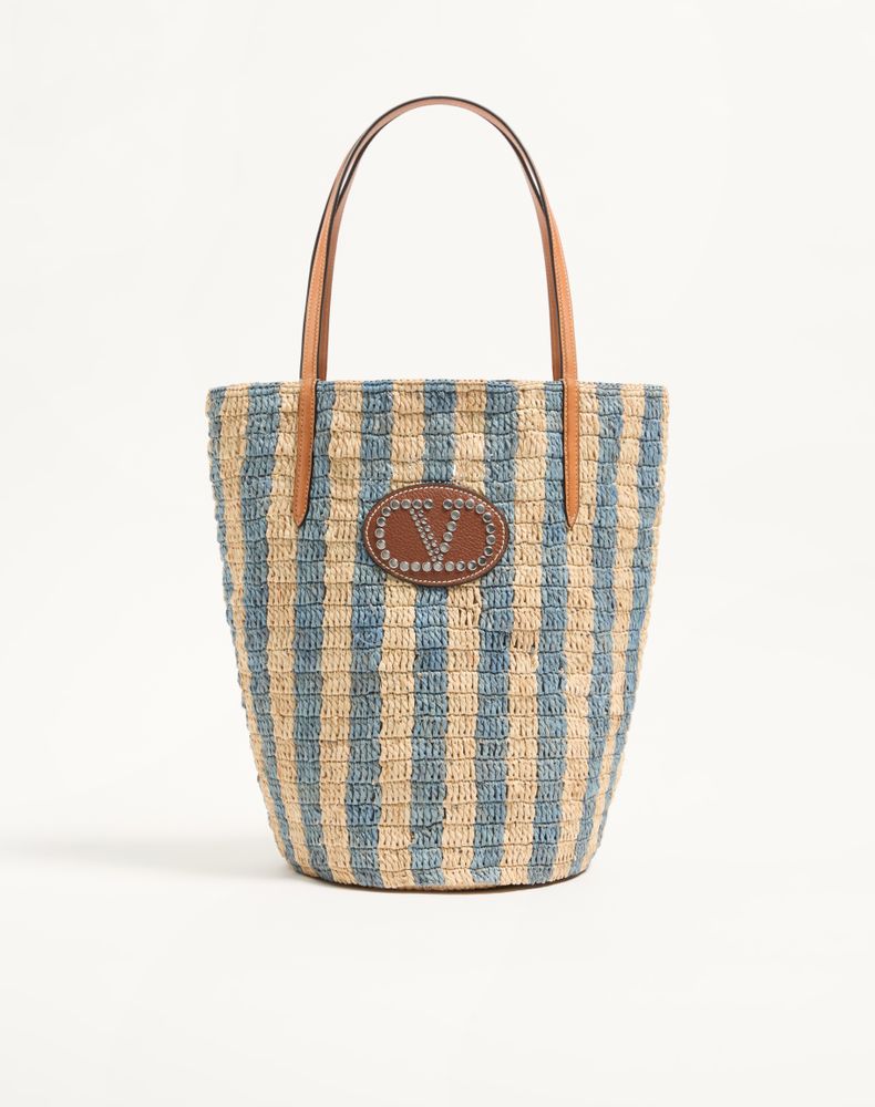 Valentino Garavani Women's Natural/Azure Striped Raffia Shopping Bag Woman Uni