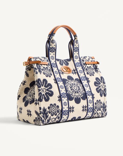 Valentino Garavani - Bolso De Mano Valentino Garavani Antibes De Jacquard - Marfil/azul Marino/natural - Mujer - Bolsos Shopping