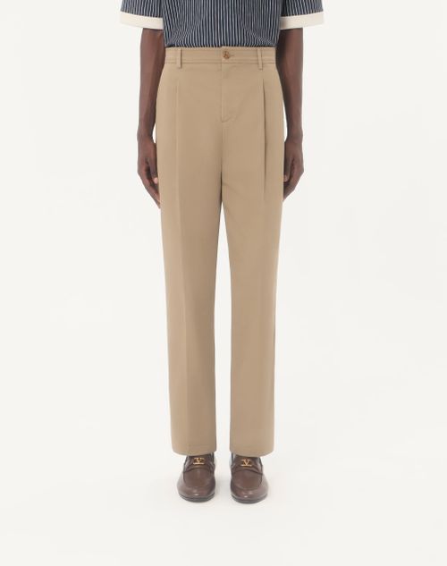 Valentino - Valentino Trousers In Cotton Gabardine With Vlogo Embroidery - Beige - Man - Trousers And Shorts