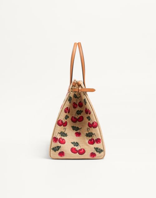 Valentino Garavani - Valentino Garavani Antibes Medium Shopping Bag In Jacquard Raffia With Cherryfic Motif - Natural/red - Woman - Totes