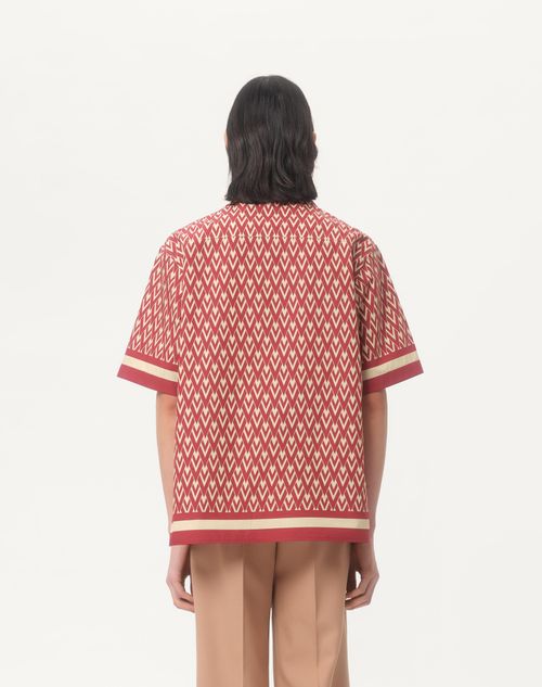 Valentino - Cotton Popeline Bowling Shirt With Toute La V Print - Red/cream - Man - Shirts
