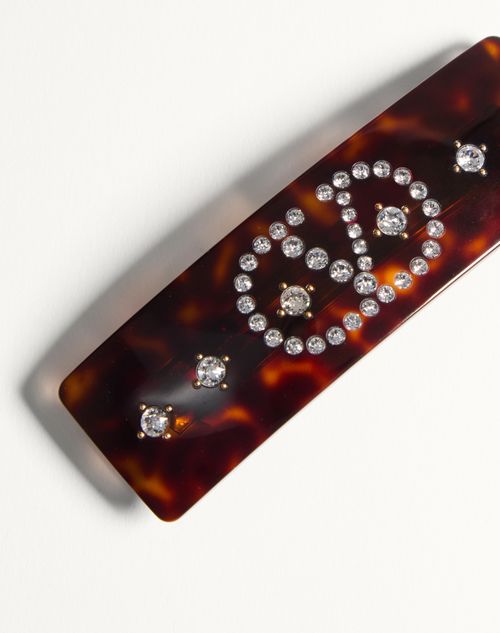 Valentino Garavani - Vlogo Signature Hair Clip In Resin, Metal And Crystals - Tartaruga/gold/crystal - Woman - Jewelry