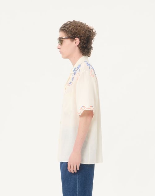 Valentino - Valentino Linen Bowling Shirt In San Gallo With Vlogo Embroidery - Latte - Man - Shirts