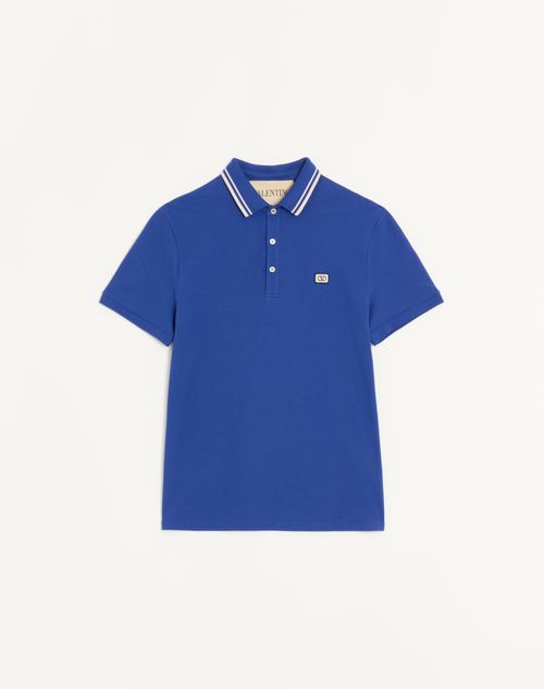 Valentino - Cotton Piqué Polo Shirt With Vlogo Patch - Blue - Man - Tshirts And Sweatshirts