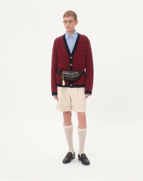 Valentino - Wool Cardigan With Toute La V Pattern - Navy/ Red - Man - Knitwear