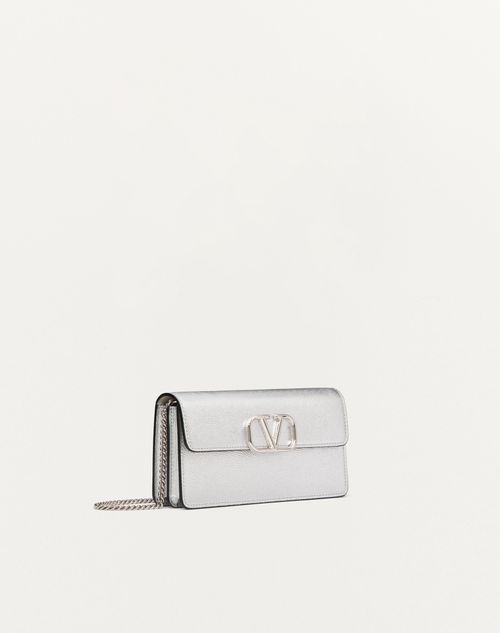 Valentino Garavani - Vlogo Signature Metallic Grainy Calfskin Wallet With Chain - Silver - Woman - Wallets And Small Leather Goods