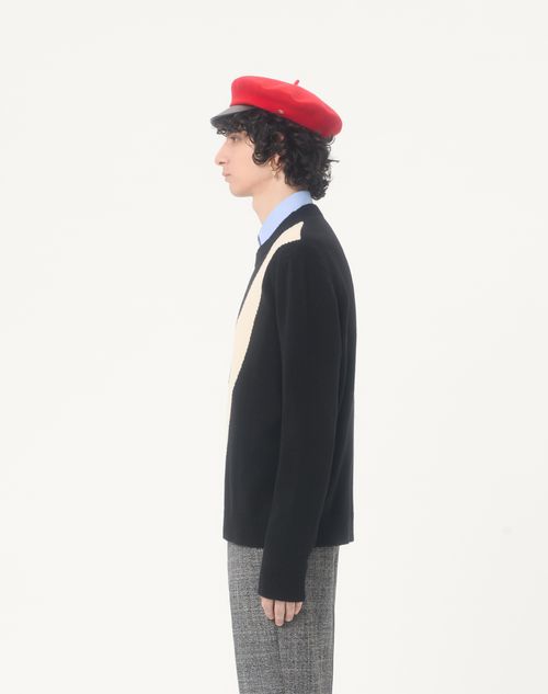 Valentino - Valentino Wool Jumper With Inlaid V - Black/butter - Man - Knitwear