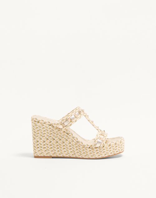 Valentino Garavani - Rockstud Laminated Nappa Wedge Sandal 90 Mm - Natural/ivory/gold/platinum - Woman - Espadrilles And Wedges