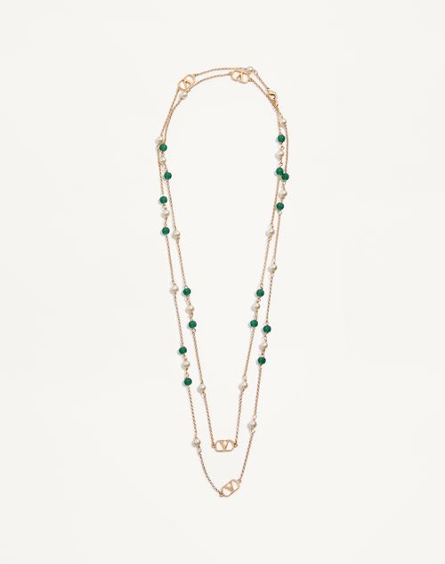 Valentino Garavani Vlogo Signature Long Necklace In Metal, Pearls And Knurled Glass Woman Gold/green Onesize