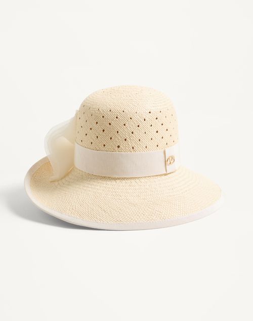 Valentino Garavani - Vlogo Signature Hat In Perforated Panama With Organza Bow - Natural - Woman - Hats And Gloves