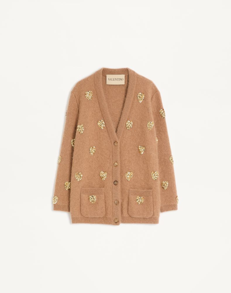 Valentino Women's Camel/Gold Embroidered Cardigan Woman Xs