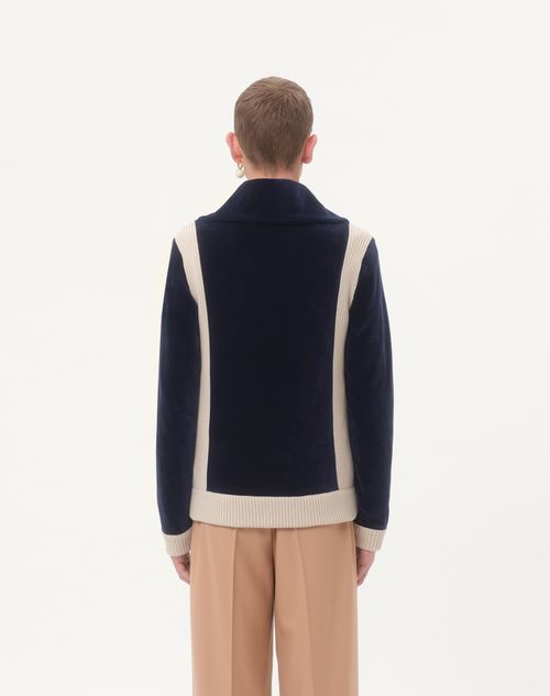 Valentino - Chez Valentino High-neck Chenille Sweatshirt With Zip And Patch - Indigo/butter - Man - Tshirts And Sweatshirts