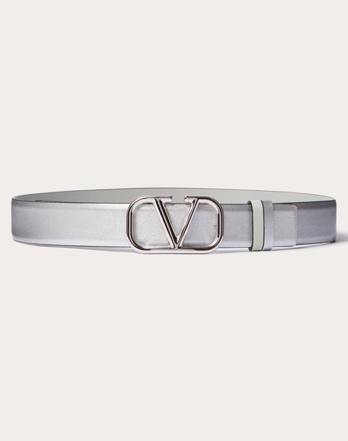 Valentino Garavani Vlogo Signature Reversible Belt In Metallic And Shiny Calfskin 30 Mm Woman Silver In Silver/grey