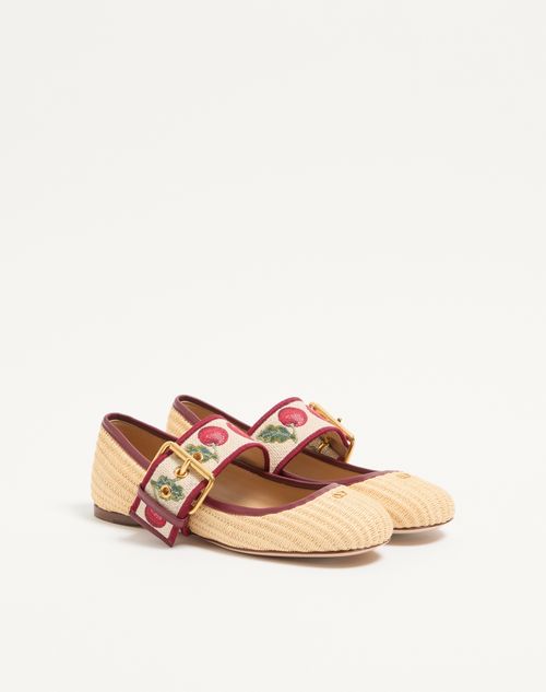 Valentino Garavani - Mary-jane Bribri Raffia Ballerina With Cherryfic Embroidery - Beige - Woman - Ballerinas