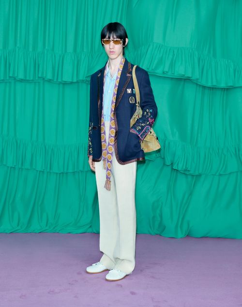 Valentino - Single-breasted Linen Jacket With Beaded Embroidery And Patches - Blue - Man - Coats And Blazers