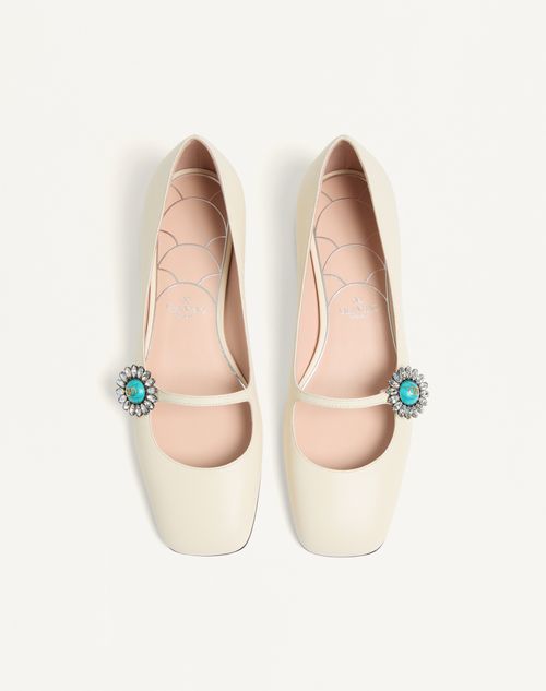 Valentino Garavani - Mary-jane Preshoes Ballerina In Kidskin With Jewel Button 20mm - Ivory/crystal/turquoise - Woman - Ballerinas