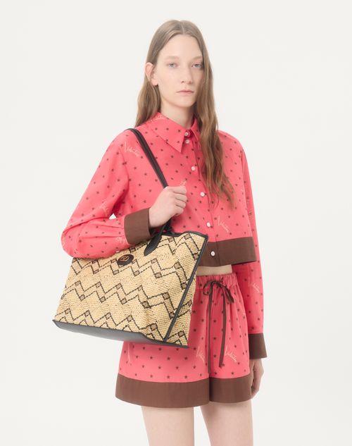 Valentino Garavani - Borsa Media Shopping Valentino Garavani In Rafia Con Motivo Geometrico - Naturale/nero - Donna - Borse Shopping