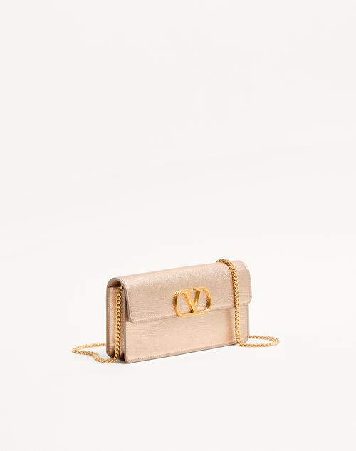 Valentino Garavani - Vlogo Signature Laminated Grainy Calfskin Wallet With Chain - Champagne - Woman - Clutches