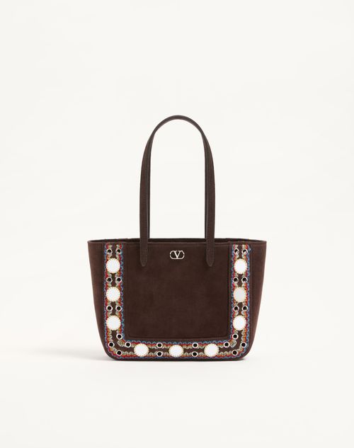 Valentino Garavani - Valentino Garavani Nellcôte Mini Suede Shopping Bag With Embroidered Trim - Ebony/multicolour - Woman - Totes