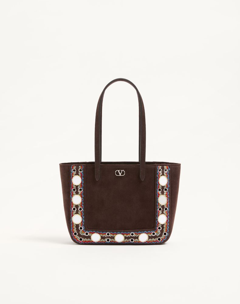 Valentino Garavani Women's Ebony/Multicolour Nellcôte Mini Suede Shopping Bag With Embroidered Trim Woman Uni