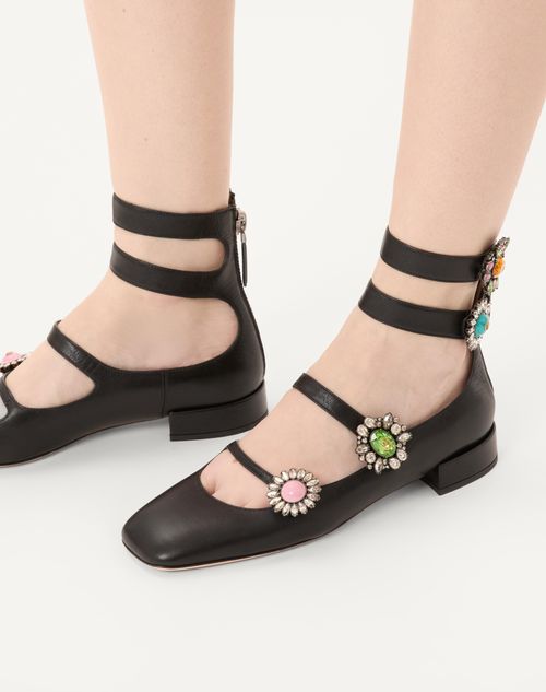 Valentino Garavani - Preshoes Ballerinas With Straps In Kidskin With Jewel Buttons 20mm - Black/crystal/multicolour - Woman - Ballerinas