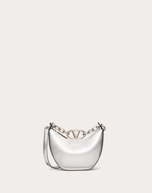 Shop Valentino Garavani Vlogo Moon Mini Hobo Bag In Metallic Grainy Calfskin With Chain Woman Silver Uni