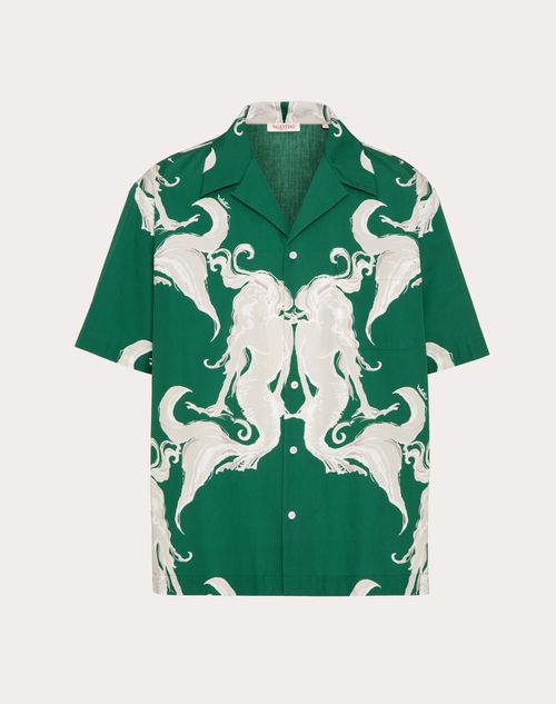 Shop Valentino Cotton Poplin Bowling Shirt With Metamorphos Siren Print In Ivy/pearl Grey