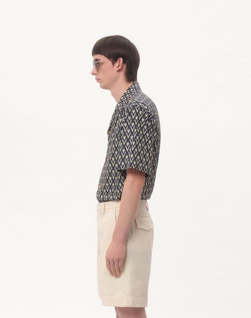 Valentino - Cotton Popeline Bowling Shirt With Toute La V Print - Navy/cream - Man - Shirts