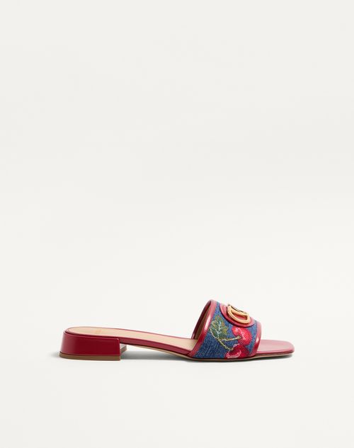 Valentino Garavani Vlogo Signature Denim Slide Sandal With Cherryfic Embroidery 20mm Woman Denim/multicolour 35.5