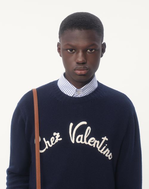 Valentino - Wool Crewneck Sweater With Chez Valentino Embroidery - Blue - Man - Knitwear