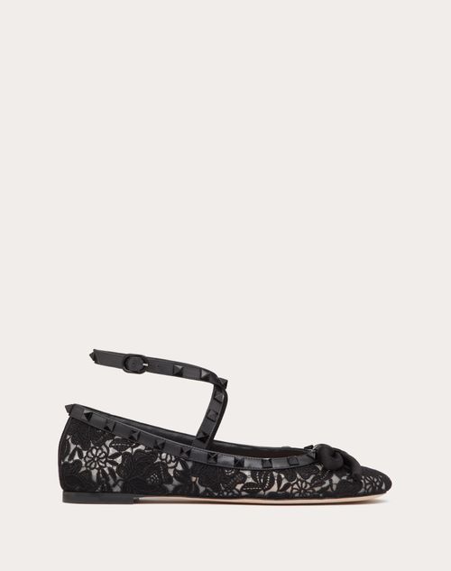 Valentino Rockstud Rivet Lace Ballet Flats In ブラック