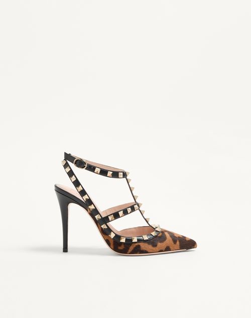 Valentino Garavani Rockstud Pumps With Straps In Pony-effect Calfskin 100mm Woman Animal Print 40.5 In Multi