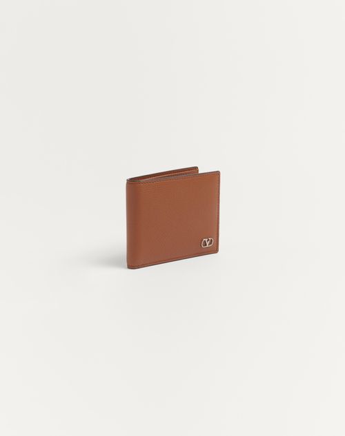 Valentino Garavani - Valentino Garavani Vlogo Signature Grainy Calfskin Wallet - Saddle Brown - Man - Wallets And Small Leather Goods