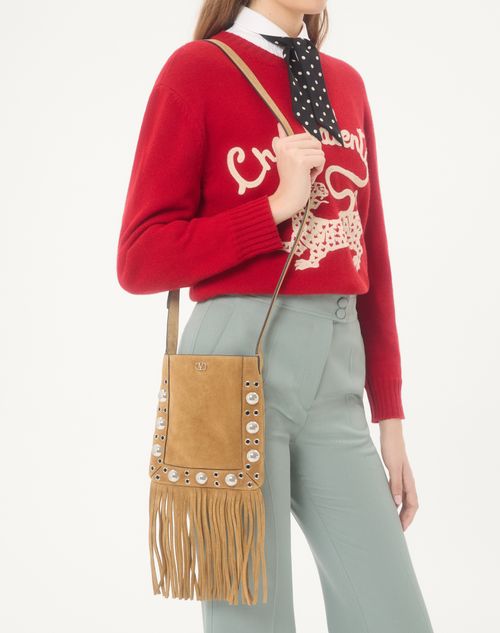 Valentino Garavani - Valentino Garavani Nellcôte Small Shoulder Bag In Suede With Fringes - Havana Beige - Woman - Shoulder Bags
