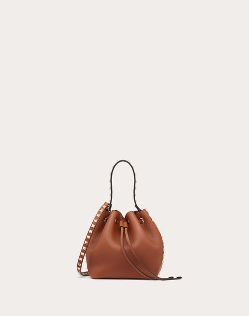 Valentino Garavani Rockstud Grainy Calfskin Bucket Bag Woman Saddle Brown Uni