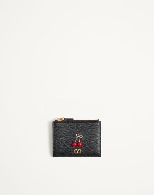 Valentino Garavani - Portacarte Cherryfic In Vitello Granato - Nero - Donna - Portafogli E Piccola Pelletteria