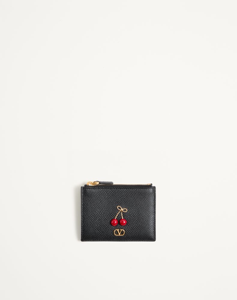 Valentino Garavani Women's Black Cherryfic Grainy Calfskin Cardholder Woman Uni