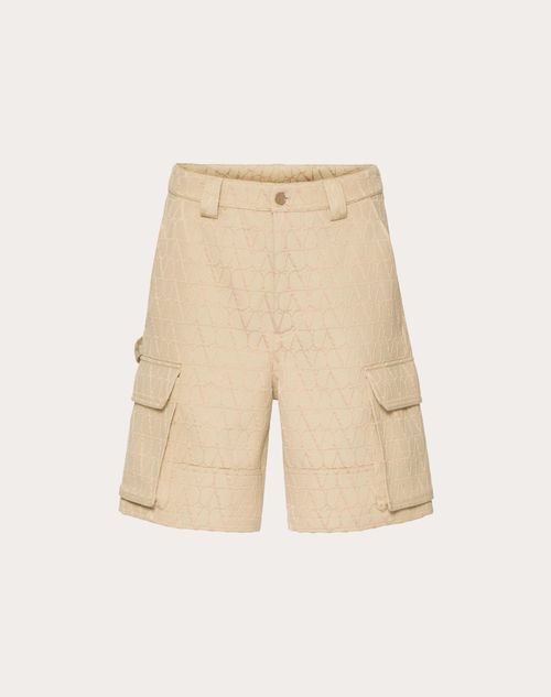 Valentino Heavy Cotton Cargo Bermuda Shorts With Toile Iconographe Pattern In Beige