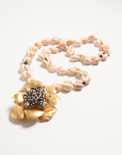 Valentino Garavani - Jardin Aquatique Necklace In Metal, Fabric, Shells, Coral And Onyx - Antique Brass - Woman - Jewelry