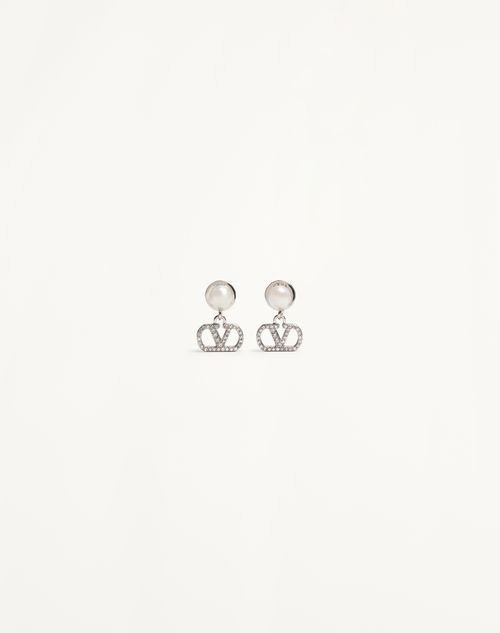 Valentino Garavani Vlogo Signature Earrings In Metal Pearl And Swarovski® Crystals Woman Palladium/c In Palladium/cream/crystal
