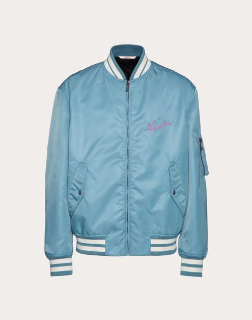 Valentino Nylon Bomber Jacket With Embroidery And Vlogo Signature Print In Blue