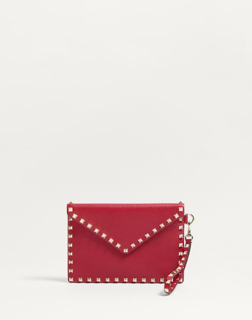Valentino Garavani Rockstud Grainy Calfskin Pouch Woman Rosso Uni In Rosso