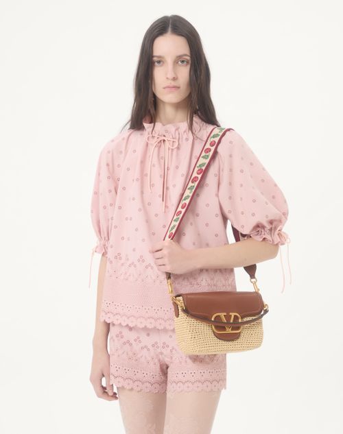 Valentino Garavani - Valentino Garavani Alltime Shoulder Bag In Raffia And Grainy Calfskin With Ribbon Strap Featuring Cherryfic Embroidery - Natural/saddle Brown - Woman - Shoulder Bags