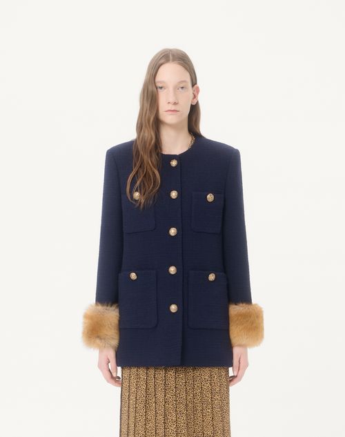 Valentino - Caban In Plain Wool Tweed - Navy - Woman - Jackets And Blazers