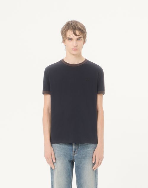 Valentino - Valentino Cotton T-shirt With Crew Neck, Contrasting Side Bands And Vlogo Embroidery - Navy/brown - Man - T-shirts And Sweatshirts